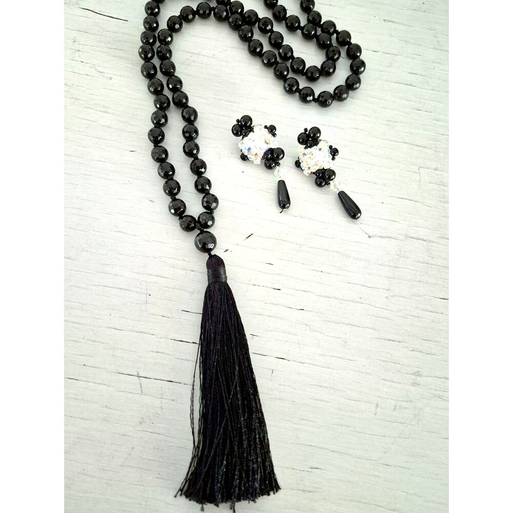 OKIKO Japan Black Bead Hand Knotted Tassel Necklace with Earrings